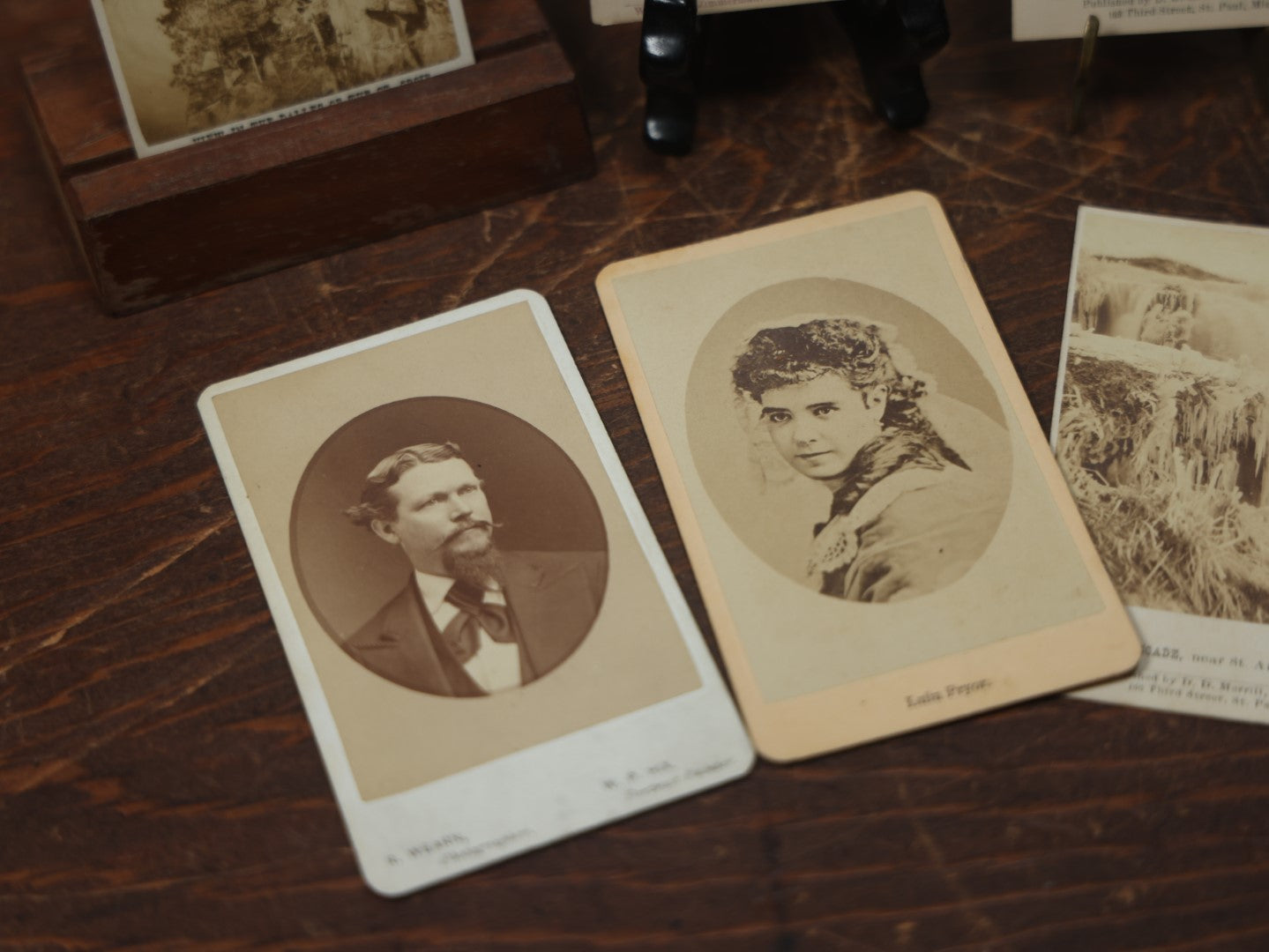 Lot 092 - Grouping Of Seven Antique Carte De Visite C.D.V. Photographs And Paper Mat, Including Waterfall And Nature Scenes, Lulu Pryor 