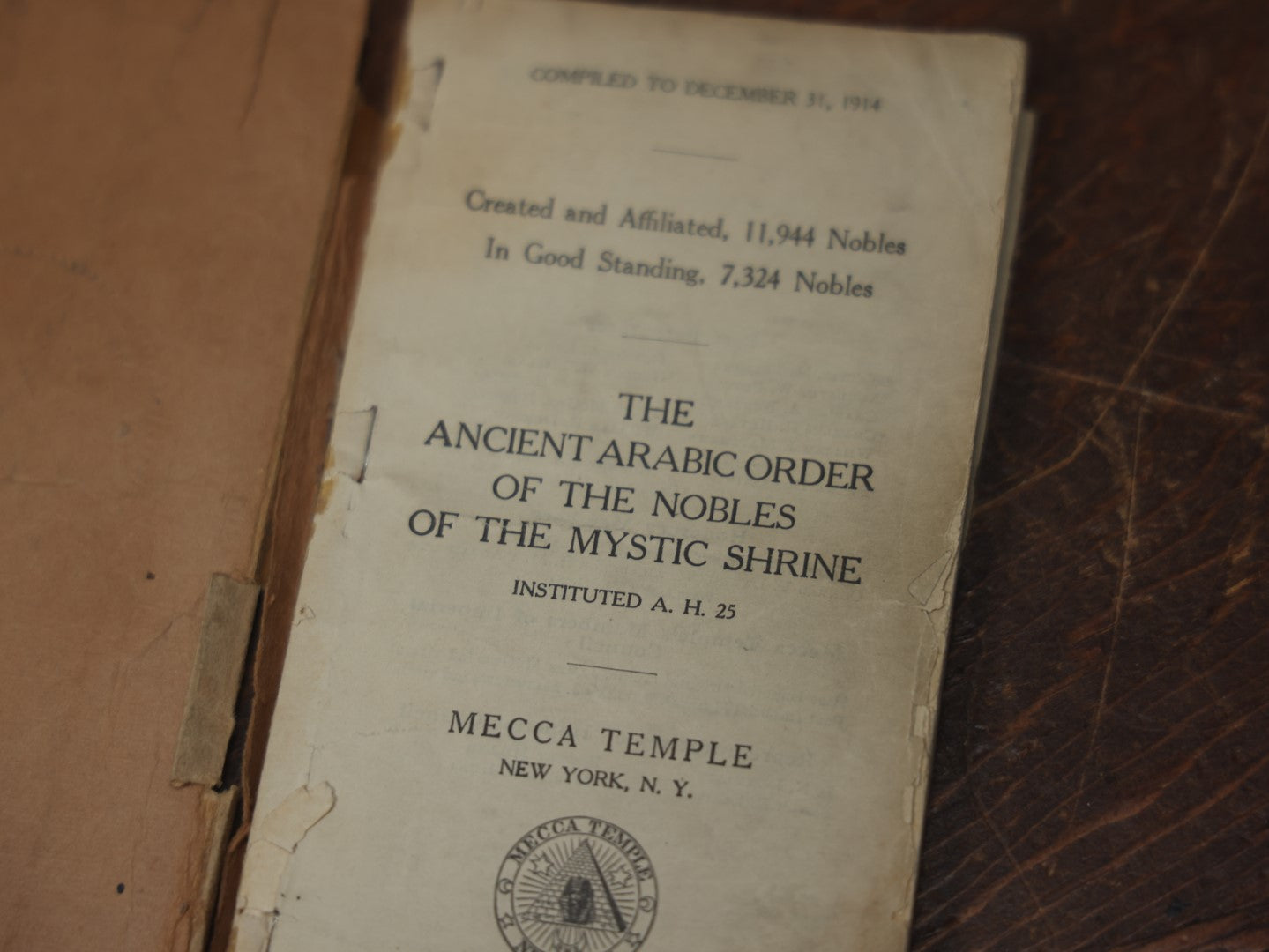 Lot 094 - Antique Ancient Arabic Order Of The Nobles Of The Mystic Shrine, Mecca Temple, New York, New York, Masonic Register Booklet, 1914