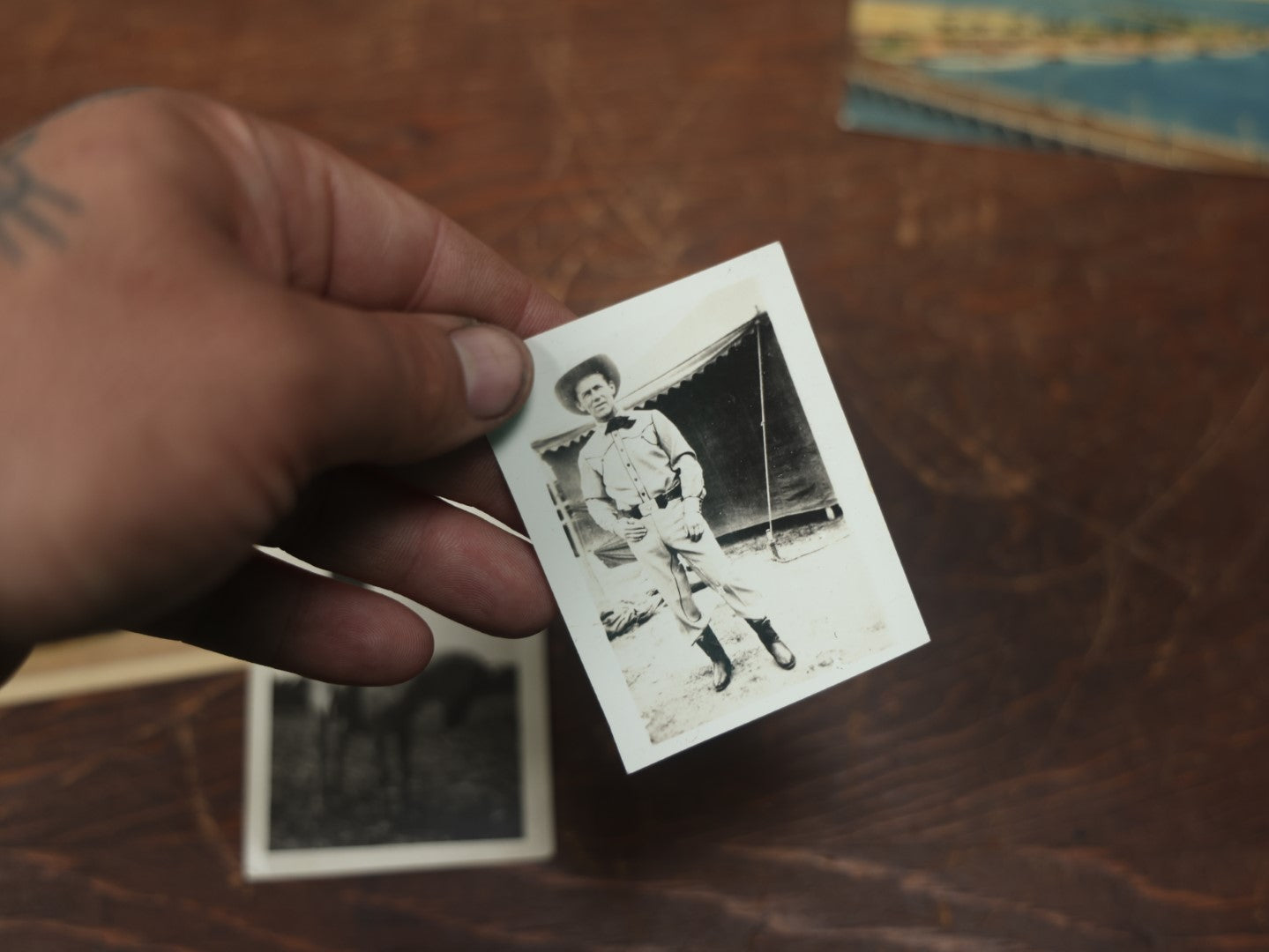 Lot 101 - Misc. Ephemera Grouping With Three Postcards, Including Texas, Two Snapshots Of Cowboys, And Three Negatives Of Interesting Scenes, Old West