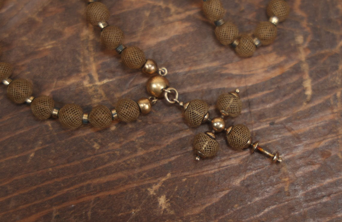 Lot 007 - Antique Victorian Hair Work Memento Necklace With Many Beads Woven And Formed From Hair, With Cross, Note Missing One Ball