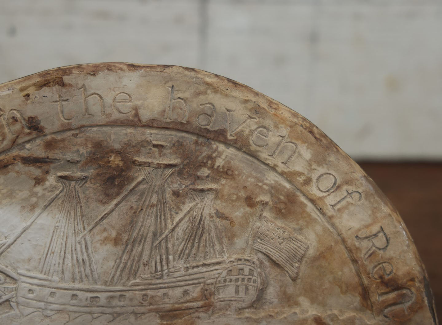 Lot 010 - Vintage Plaster Cast Of The Grave Of Jabez Smith From Granary Burial Ground, Boston Massachusetts, Marines Junior Lieutenant, Featuring The U.S.S. Trumbull, "Anchored In The Haven Of Rest"