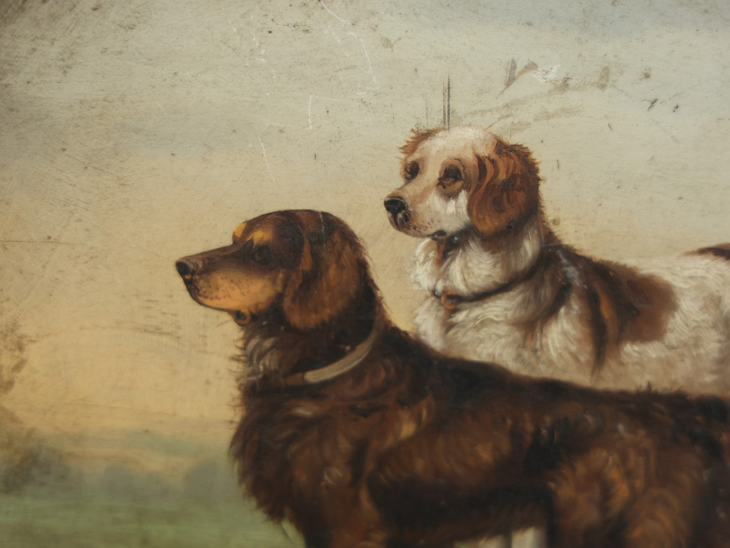 Lot 011 - Antique Painting On Shallow Wood Plate Of Two Dogs, Note Losses To Wood And Paint, Circa 1890, Likely By Nellie Weise