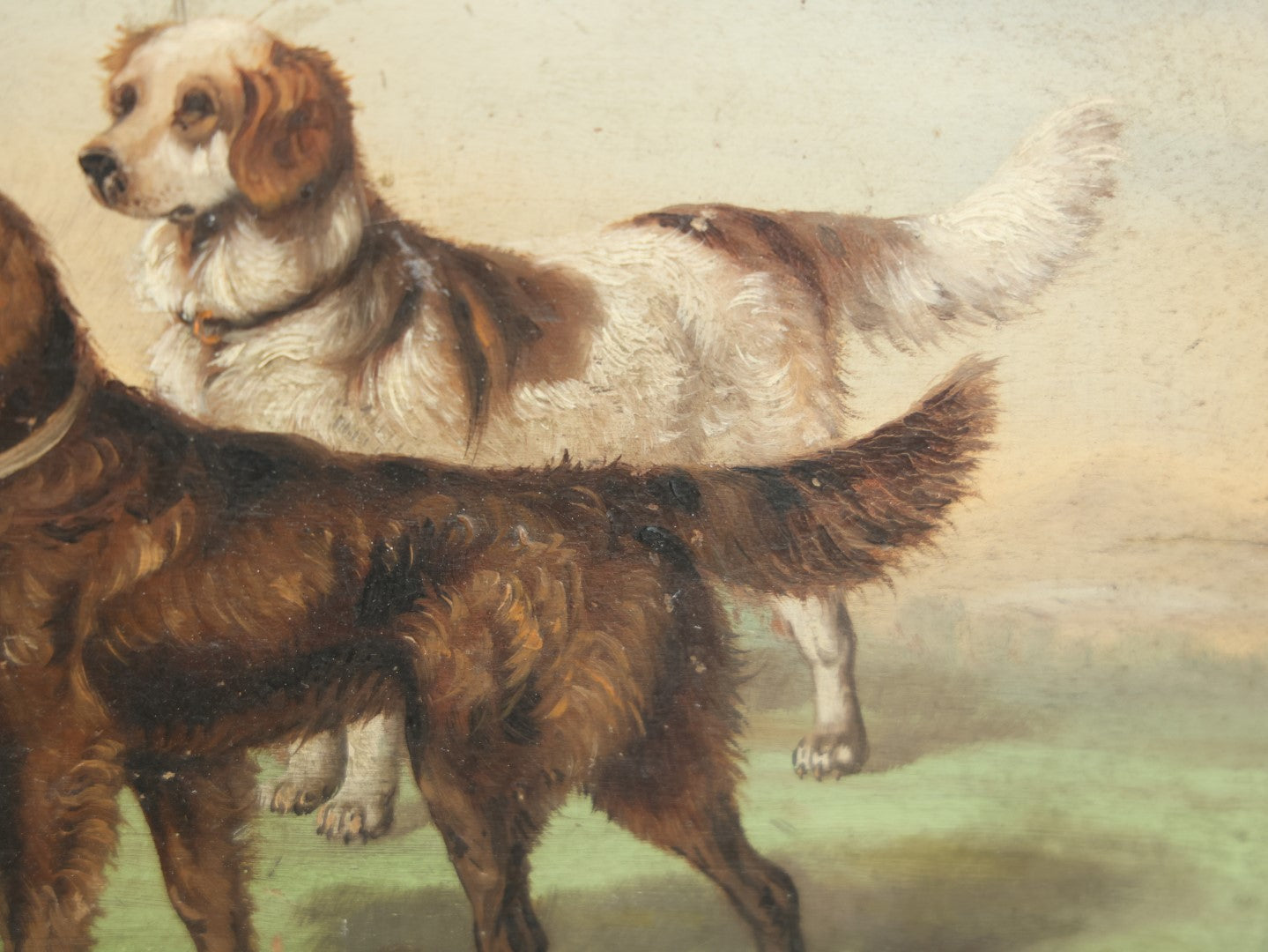 Lot 011 - Antique Painting On Shallow Wood Plate Of Two Dogs, Note Losses To Wood And Paint, Circa 1890, Likely By Nellie Weise