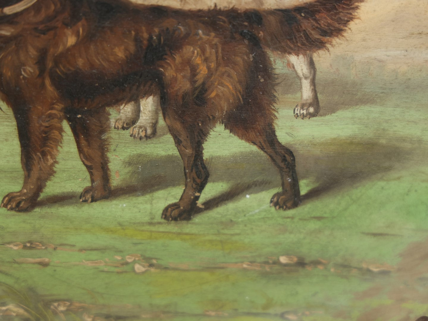 Lot 011 - Antique Painting On Shallow Wood Plate Of Two Dogs, Note Losses To Wood And Paint, Circa 1890, Likely By Nellie Weise