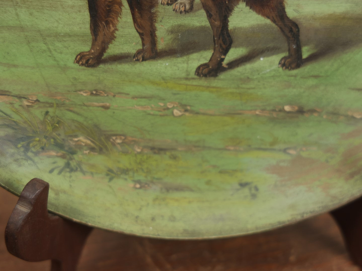 Lot 011 - Antique Painting On Shallow Wood Plate Of Two Dogs, Note Losses To Wood And Paint, Circa 1890, Likely By Nellie Weise