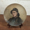 Lot 012 - Antique Painting On Shallow Wood Plate Of Man Smoking Cigarette In Hat, Artist Signed By Nellie Weise, 1888, Likely Of Her Father, "Papa"