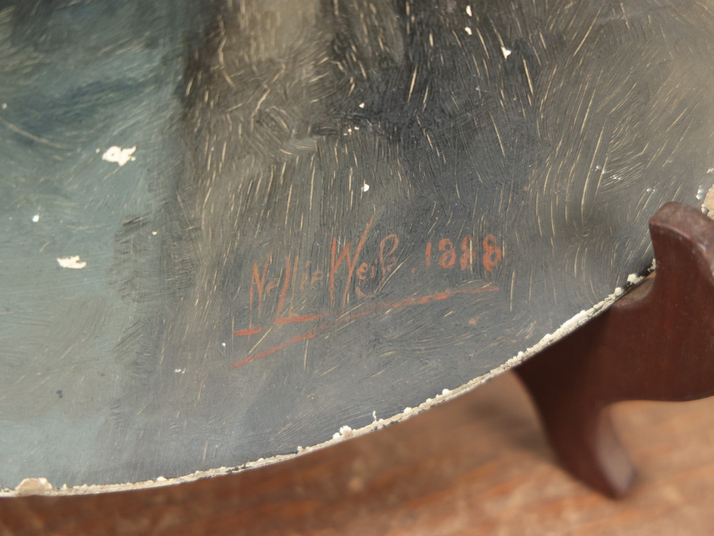 Lot 012 - Antique Painting On Shallow Wood Plate Of Man Smoking Cigarette In Hat, Artist Signed By Nellie Weise, 1888, Likely Of Her Father, "Papa"