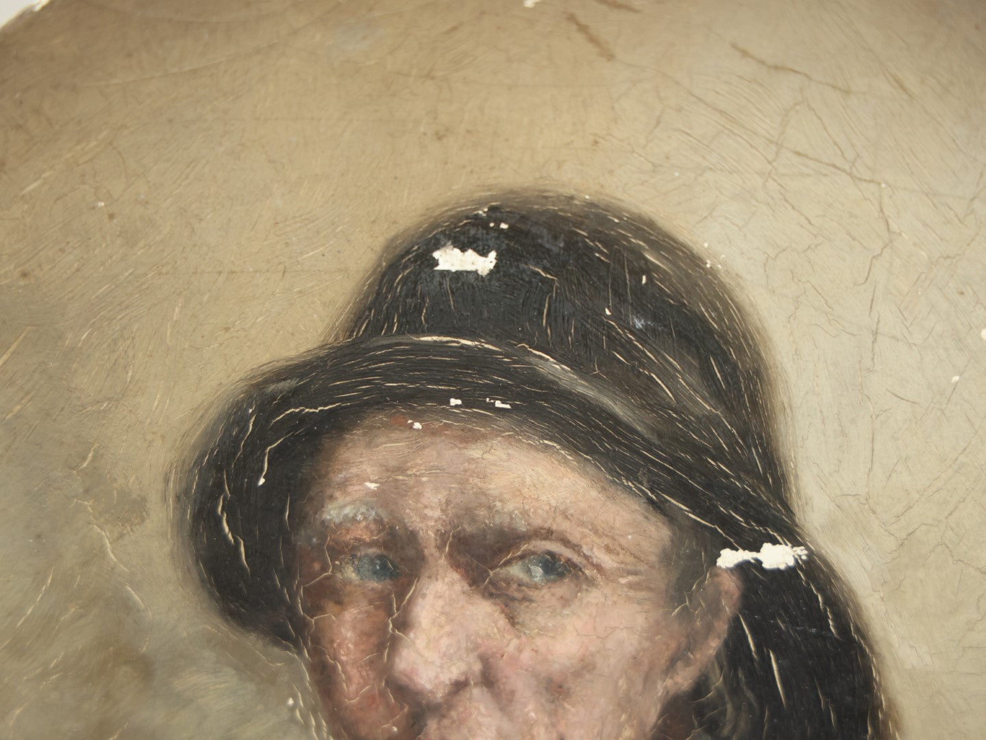 Lot 012 - Antique Painting On Shallow Wood Plate Of Man Smoking Cigarette In Hat, Artist Signed By Nellie Weise, 1888, Likely Of Her Father, "Papa"