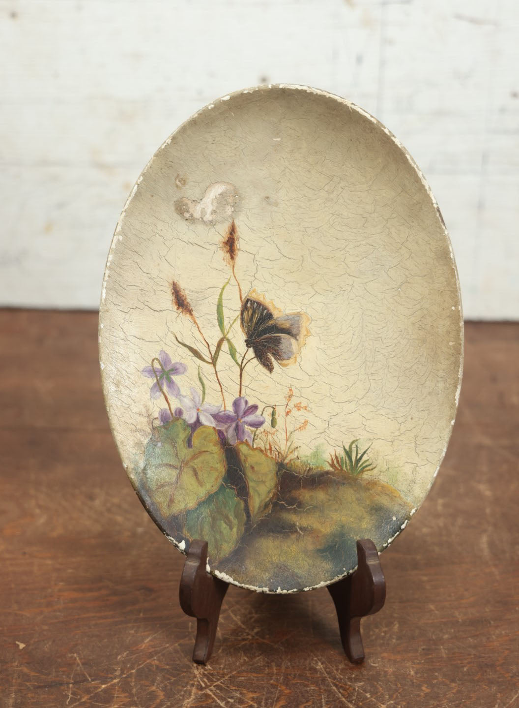 Lot 013 - Antique Painting On Shallow Wood Oblong Plate Of Flowers And Butterfly, Note Losses To Paint, Scuff, Wear To Plate, Circa 1890, Likely By Nellie Weise