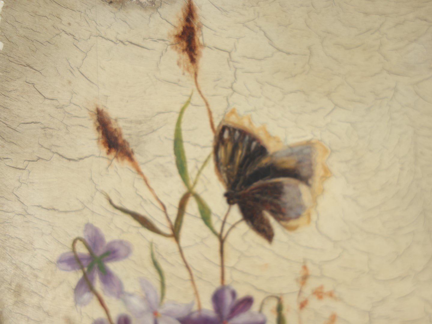 Lot 013 - Antique Painting On Shallow Wood Oblong Plate Of Flowers And Butterfly, Note Losses To Paint, Scuff, Wear To Plate, Circa 1890, Likely By Nellie Weise