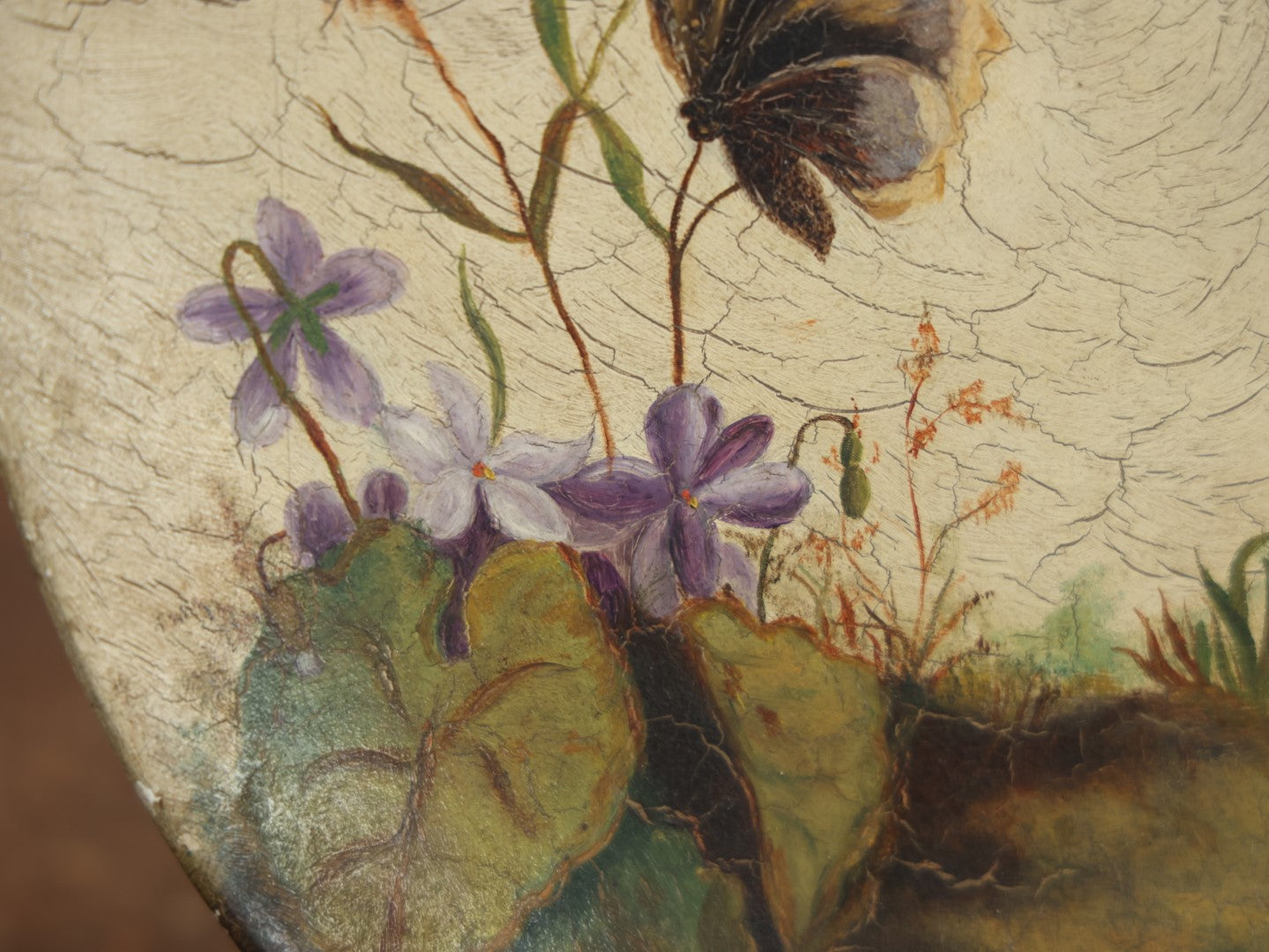 Lot 013 - Antique Painting On Shallow Wood Oblong Plate Of Flowers And Butterfly, Note Losses To Paint, Scuff, Wear To Plate, Circa 1890, Likely By Nellie Weise