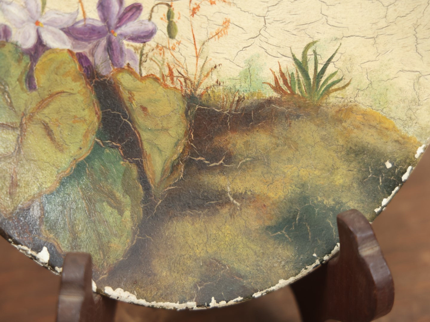 Lot 013 - Antique Painting On Shallow Wood Oblong Plate Of Flowers And Butterfly, Note Losses To Paint, Scuff, Wear To Plate, Circa 1890, Likely By Nellie Weise