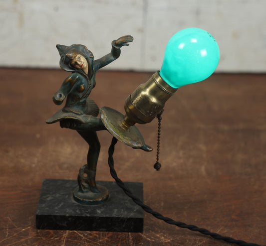 Lot 014 - Antique Art Deco Harlequin Clown Jester Lamp, Metal On Marble Base, Note Missing Hand, Missing Bulb Surround And Shade, Bulb Socket Replaced