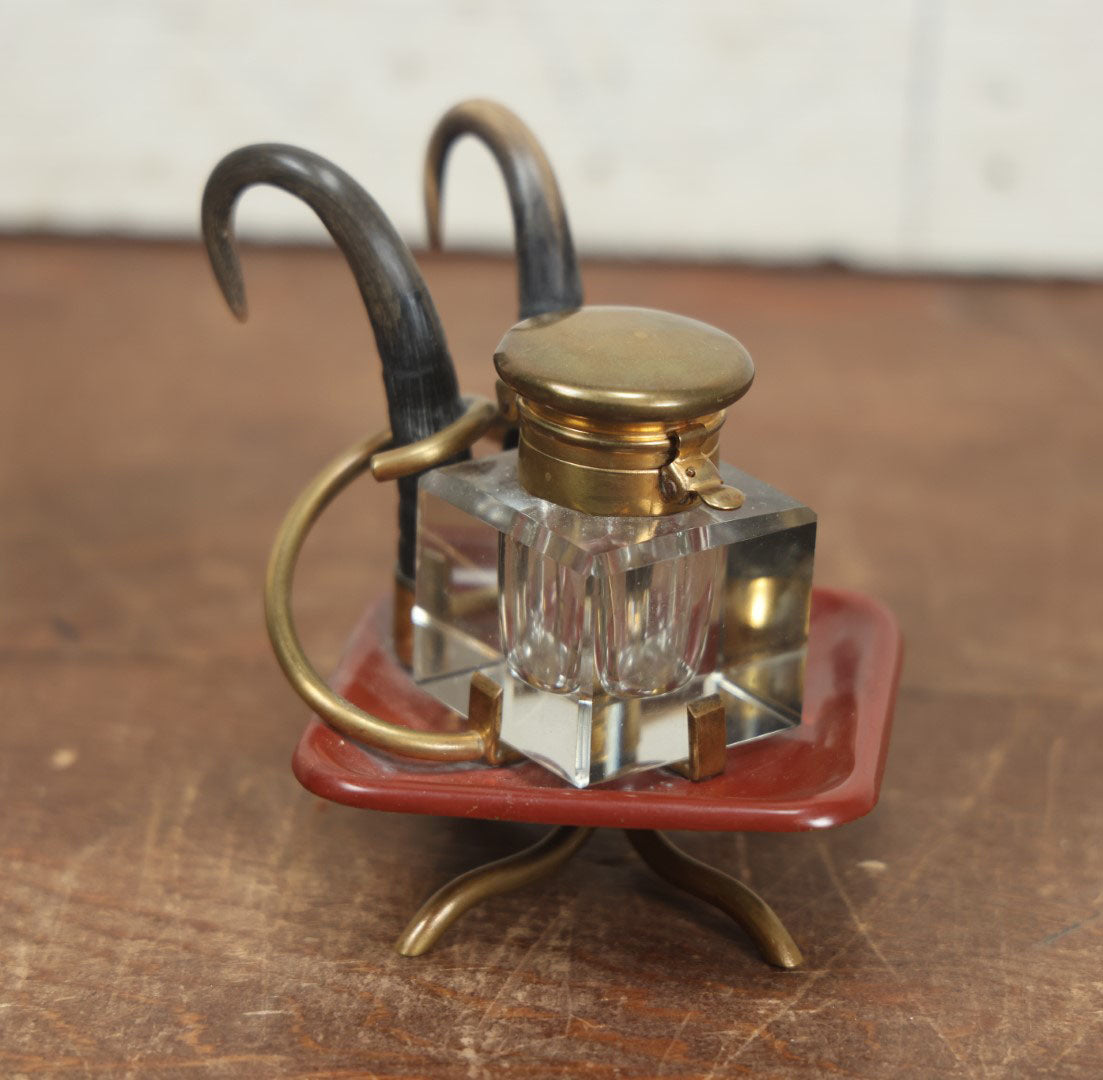 Lot 015 - Unique Antique Inkwell With Animal Horn Adornments, Spring Loaded Brass Top, Beveled Glass Inkwell