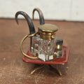 Lot 015 - Unique Antique Inkwell With Animal Horn Adornments, Spring Loaded Brass Top, Beveled Glass Inkwell