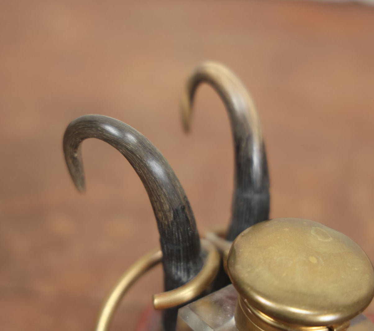 Lot 015 - Unique Antique Inkwell With Animal Horn Adornments, Spring Loaded Brass Top, Beveled Glass Inkwell