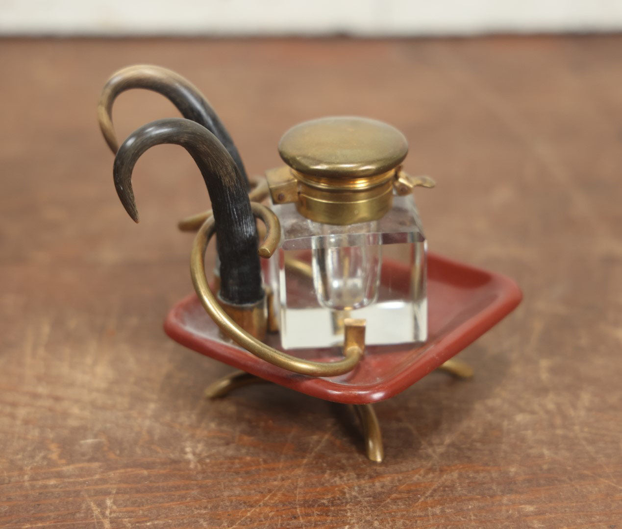 Lot 015 - Unique Antique Inkwell With Animal Horn Adornments, Spring Loaded Brass Top, Beveled Glass Inkwell