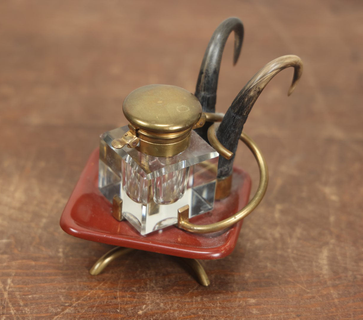 Lot 015 - Unique Antique Inkwell With Animal Horn Adornments, Spring Loaded Brass Top, Beveled Glass Inkwell