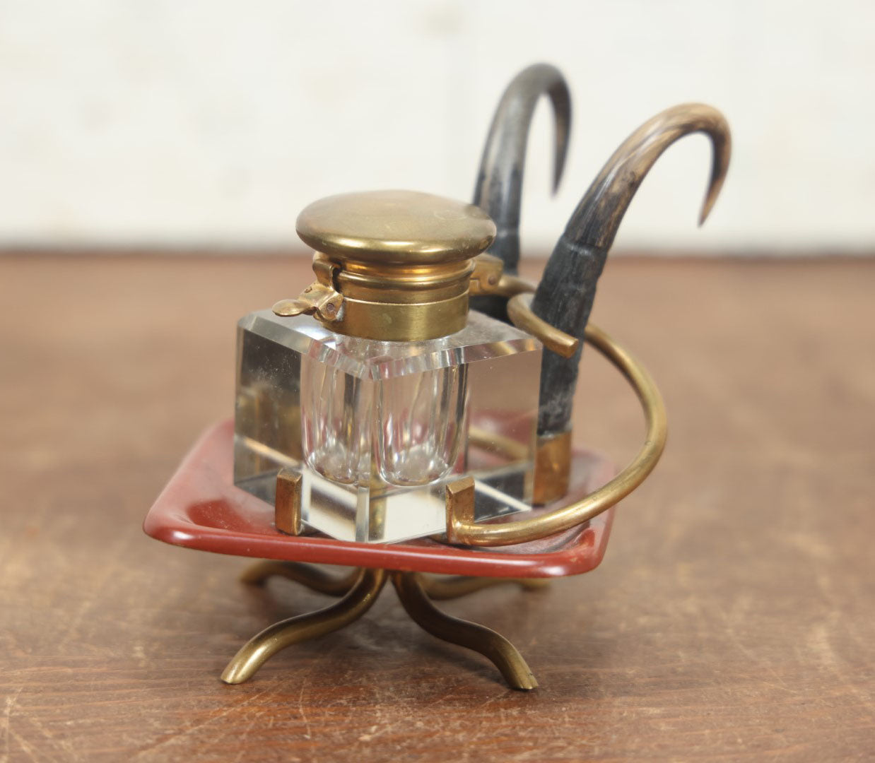 Lot 015 - Unique Antique Inkwell With Animal Horn Adornments, Spring Loaded Brass Top, Beveled Glass Inkwell