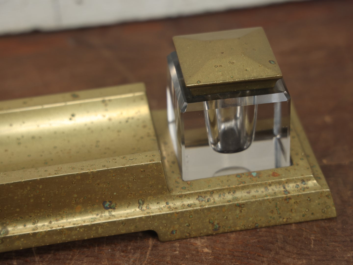 Lot 016 - Antique Double Inkwell With Heavy Brass Base And Pen Rest With Two Glass Inkwells With Matching Brass Lids, Note Chips To Inkwells