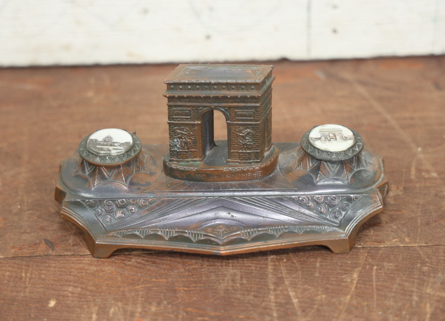 Lot 017 - Vintage French Inkwell With "Arc De Triomphe" And Pen Rest, Double Inkwell, Note Missing Glass Inserts