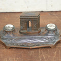 Lot 017 - Vintage French Inkwell With "Arc De Triomphe" And Pen Rest, Double Inkwell, Note Missing Glass Inserts