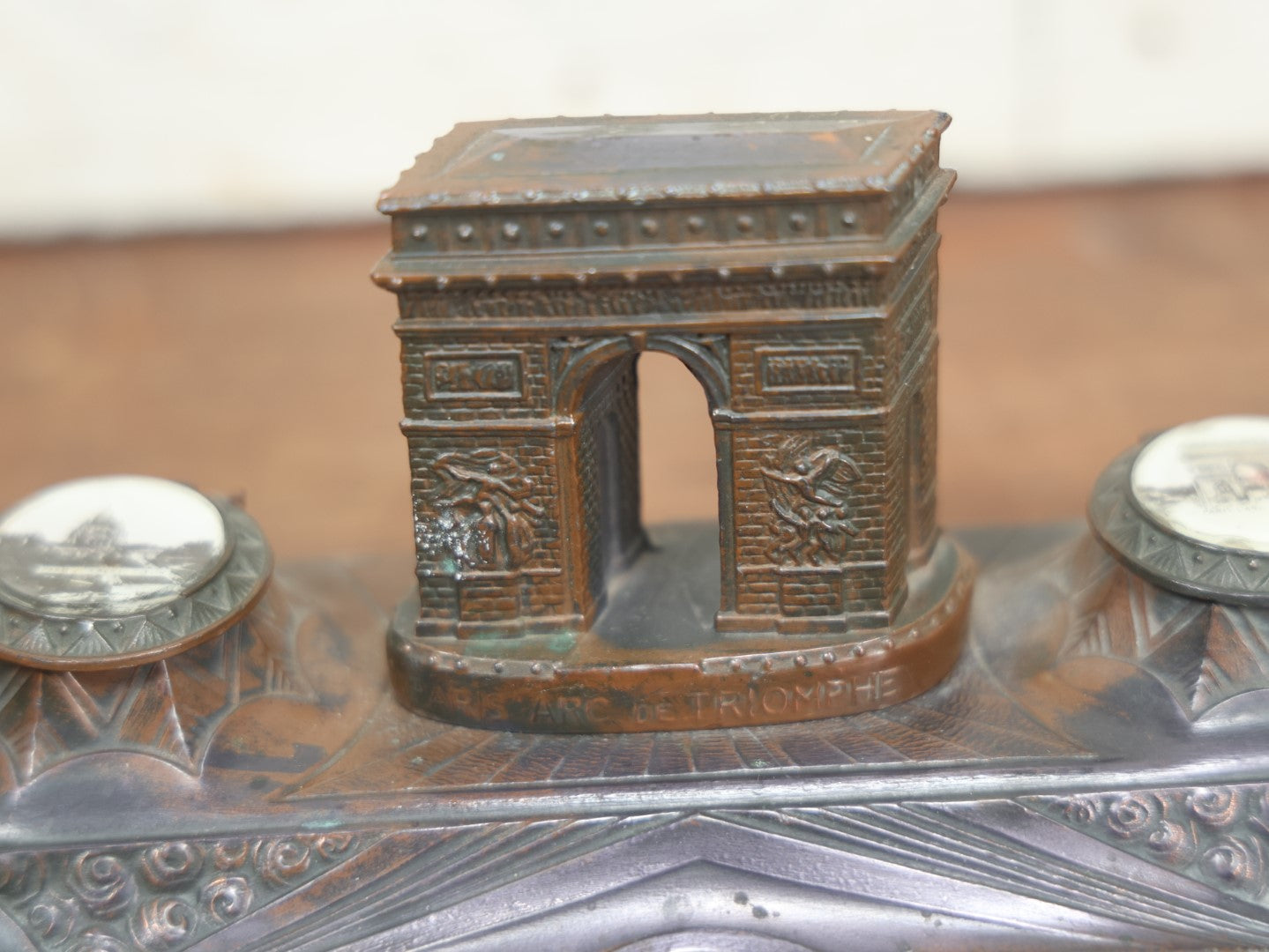 Lot 017 - Vintage French Inkwell With "Arc De Triomphe" And Pen Rest, Double Inkwell, Note Missing Glass Inserts