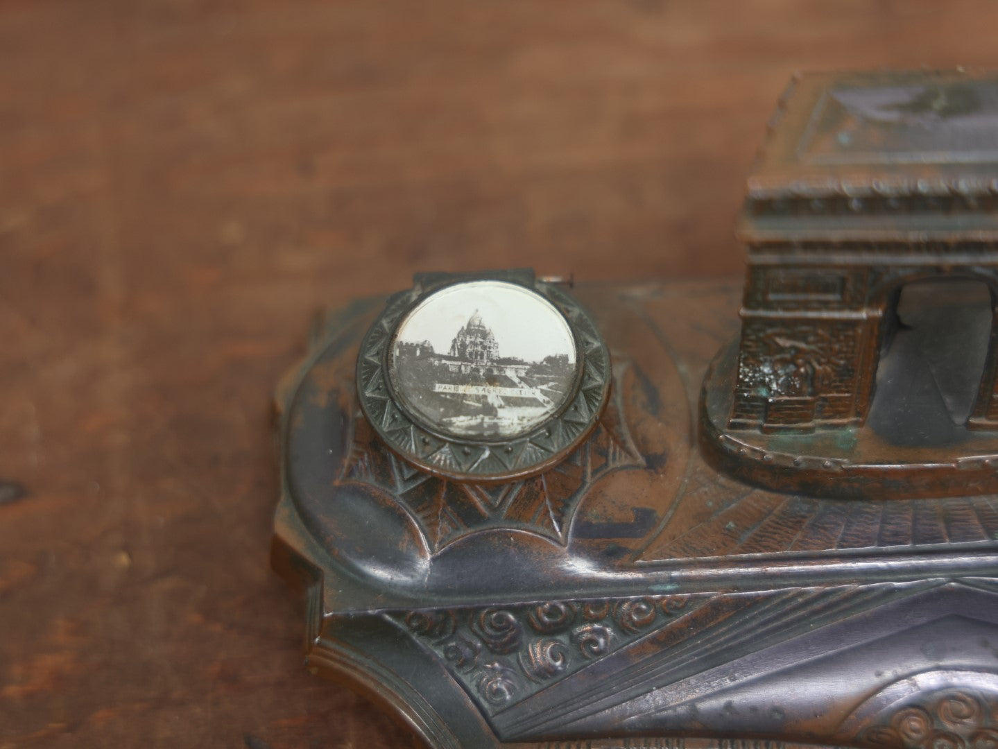 Lot 017 - Vintage French Inkwell With "Arc De Triomphe" And Pen Rest, Double Inkwell, Note Missing Glass Inserts