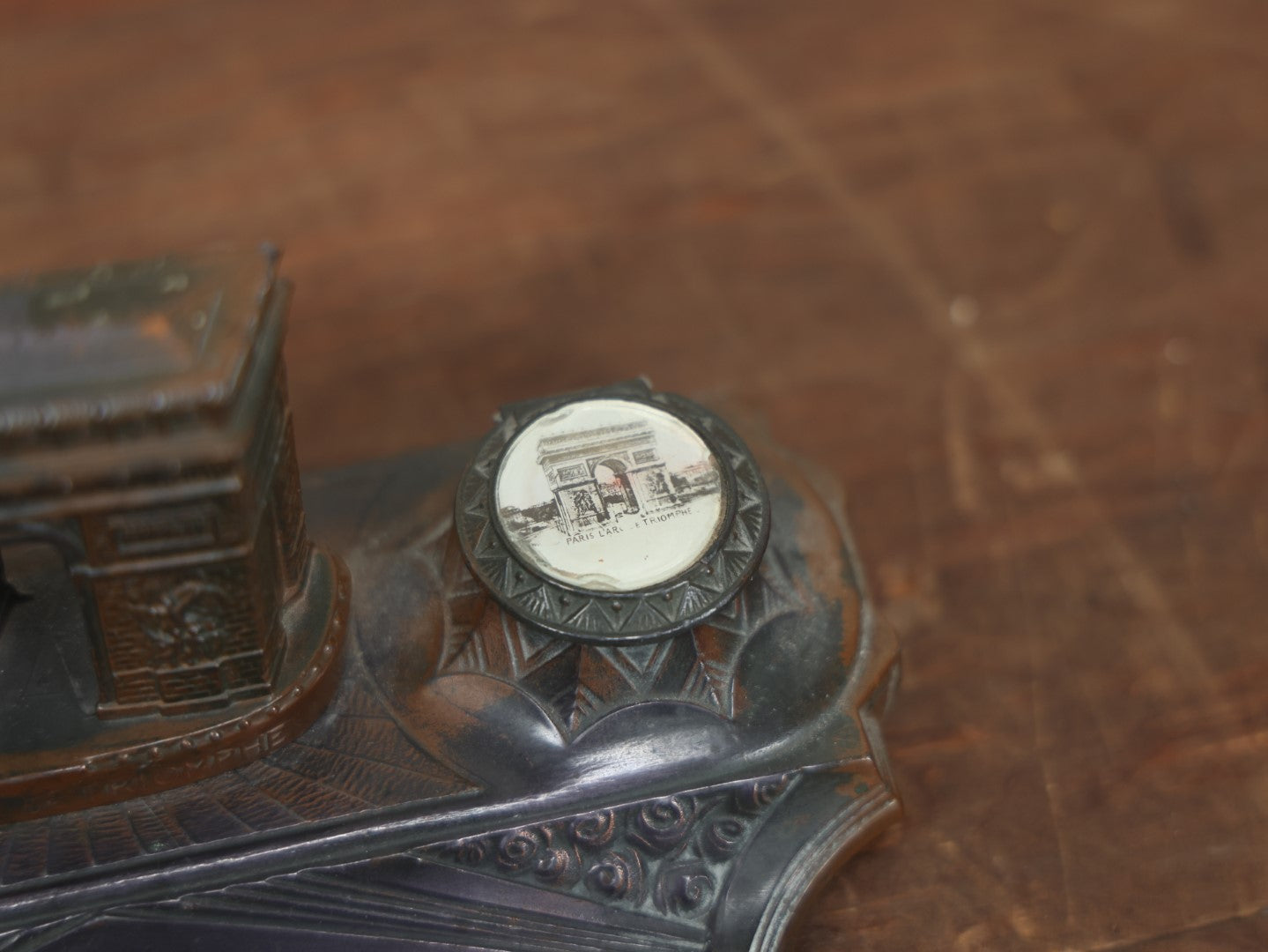 Lot 017 - Vintage French Inkwell With "Arc De Triomphe" And Pen Rest, Double Inkwell, Note Missing Glass Inserts