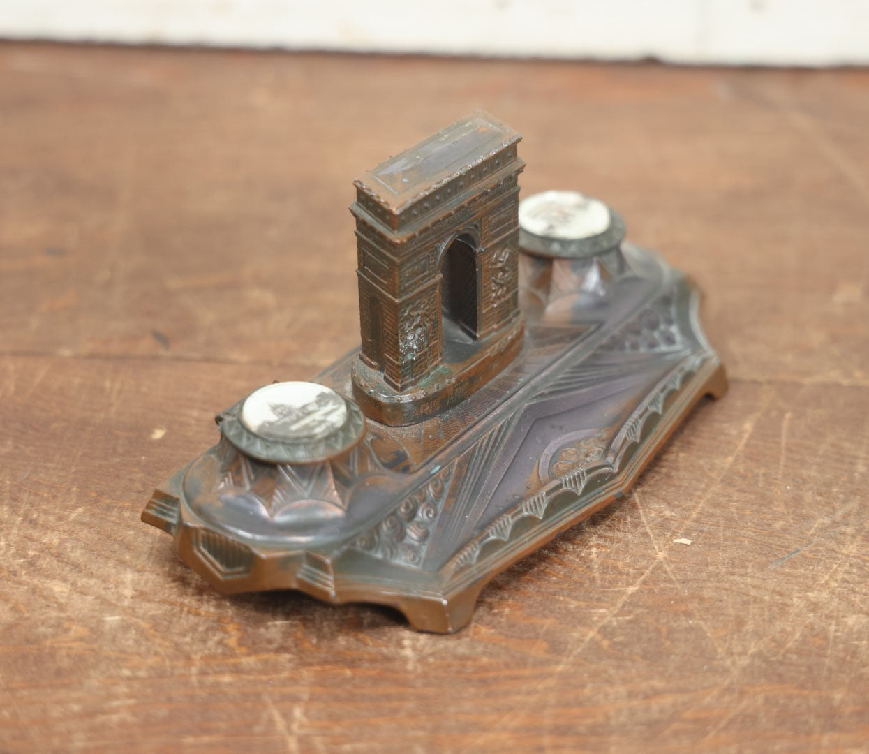 Lot 017 - Vintage French Inkwell With "Arc De Triomphe" And Pen Rest, Double Inkwell, Note Missing Glass Inserts