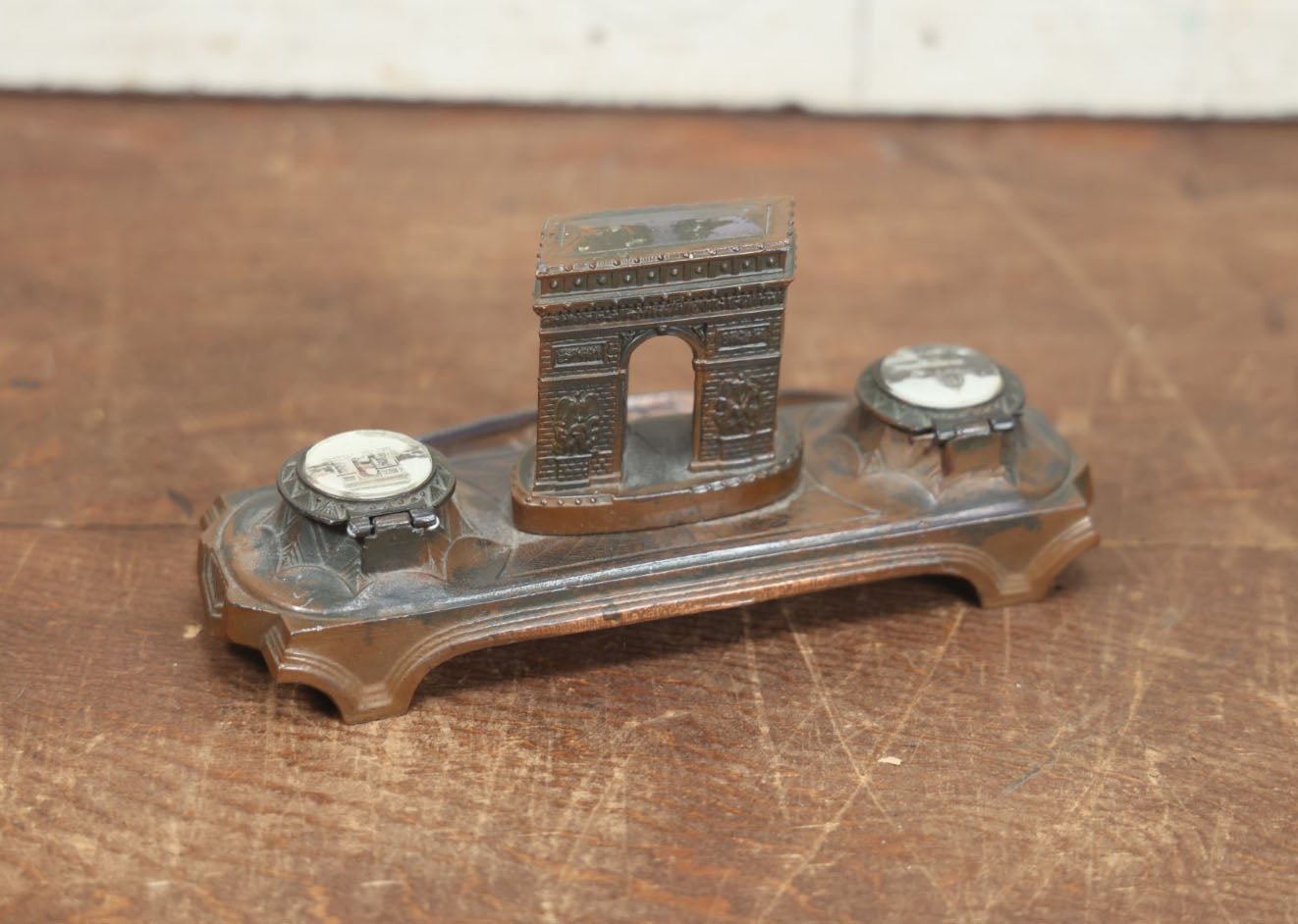 Lot 017 - Vintage French Inkwell With "Arc De Triomphe" And Pen Rest, Double Inkwell, Note Missing Glass Inserts