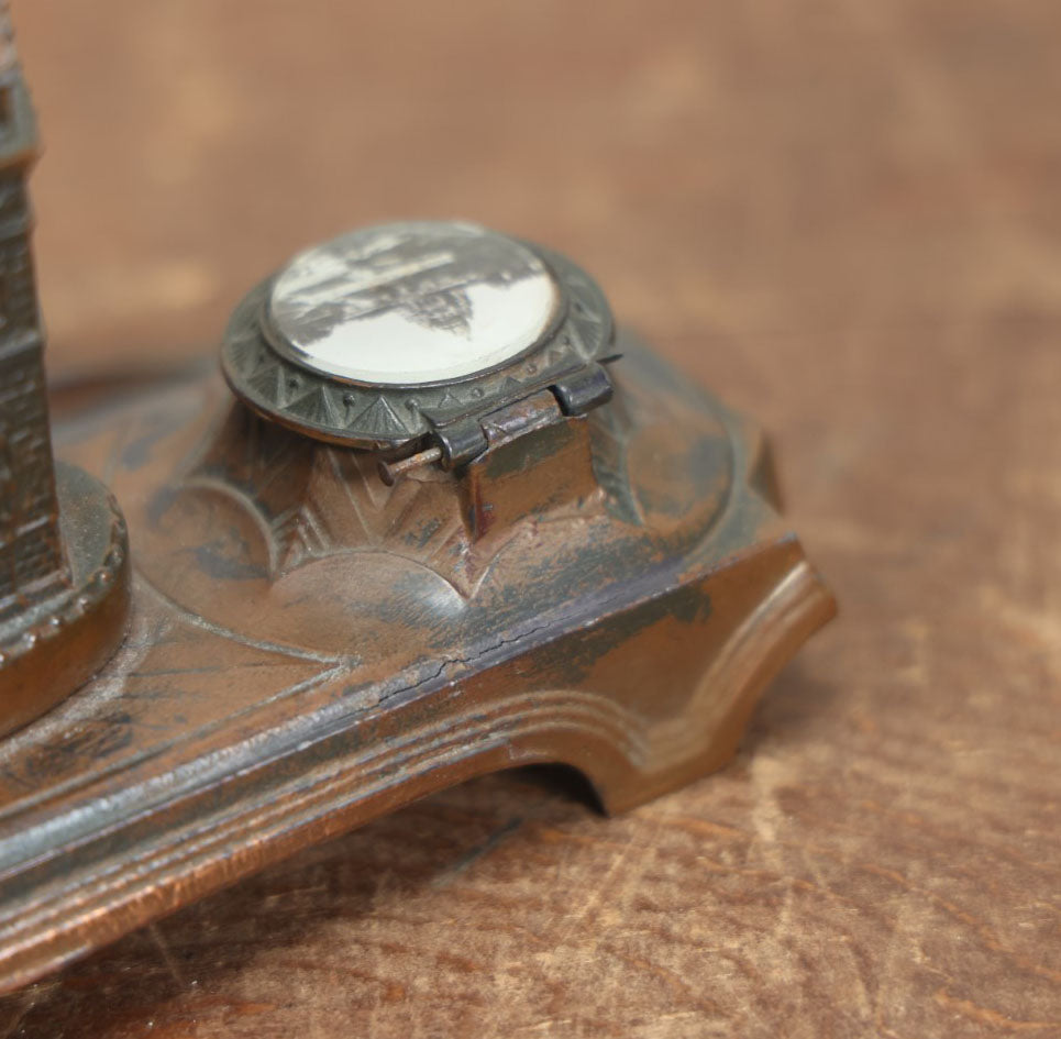 Lot 017 - Vintage French Inkwell With "Arc De Triomphe" And Pen Rest, Double Inkwell, Note Missing Glass Inserts