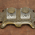 Lot 018 - Antique Art Nouveau Double Inkwell With Brass Base And Caps, Glass Inkwells