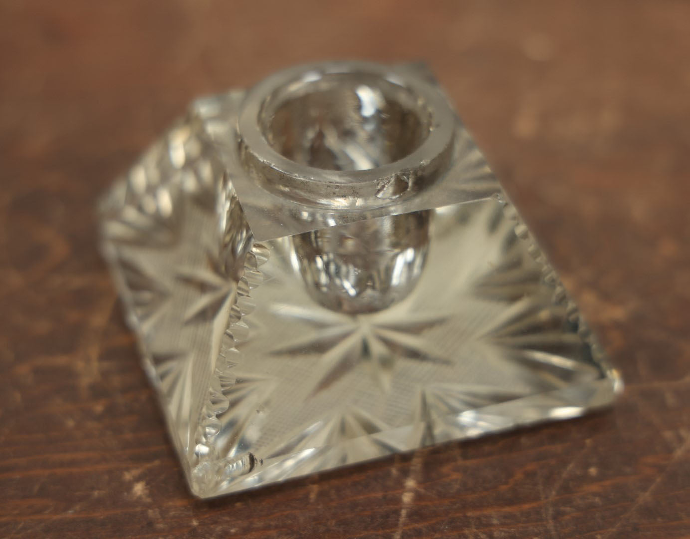 Lot 019 - Antique Cut Glass Inkwell With Brass Cherub Lift Off Lid, Note Various Chipping