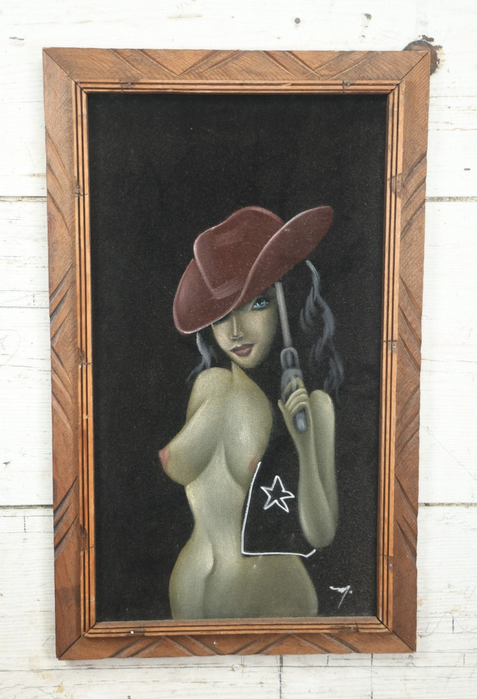 Lot 020 - Vintage Mexican Black Velvet Painting Of Nude Pinup Cowgirl, Hecho En México, In Frame