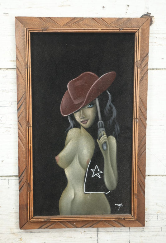 Lot 020 - Vintage Mexican Black Velvet Painting Of Nude Pinup Cowgirl, Hecho En México, In Frame