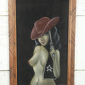 Lot 020 - Vintage Mexican Black Velvet Painting Of Nude Pinup Cowgirl, Hecho En México, In Frame