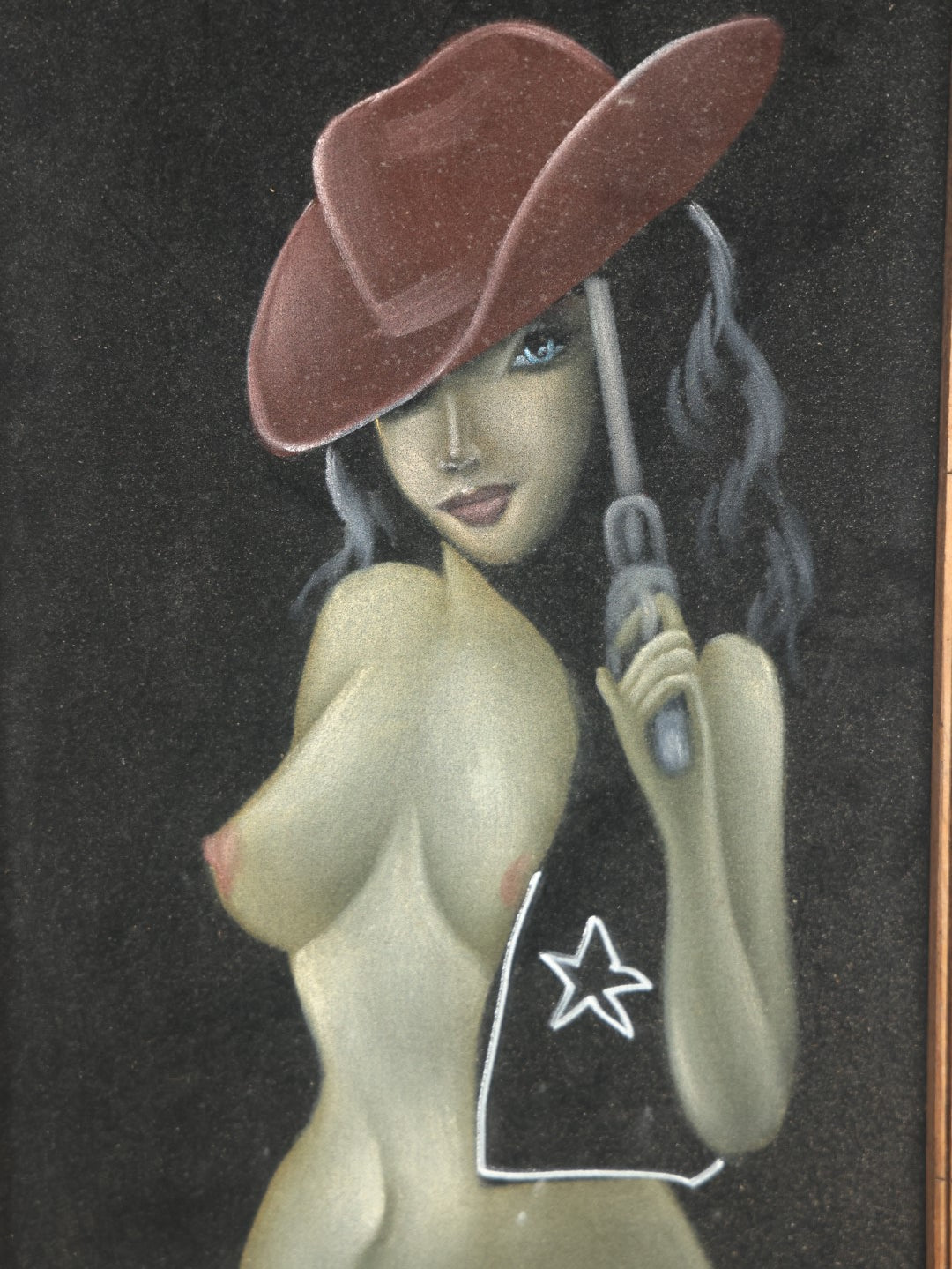 Lot 020 - Vintage Mexican Black Velvet Painting Of Nude Pinup Cowgirl, Hecho En México, In Frame