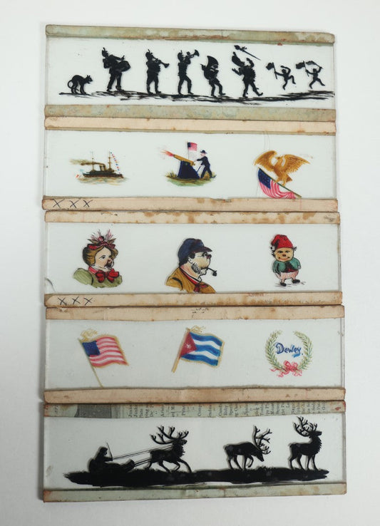 Lot 026 - Grouping Of Five Antique Hand Painted Magic Lantern Slides Including American Flag, Spanish American War Related, Admiral Dewey, Characters, And Silhouettes, Circa 1900