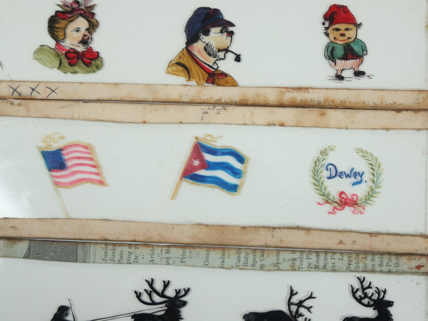 Lot 026 - Grouping Of Five Antique Hand Painted Magic Lantern Slides Including American Flag, Spanish American War Related, Admiral Dewey, Characters, And Silhouettes, Circa 1900