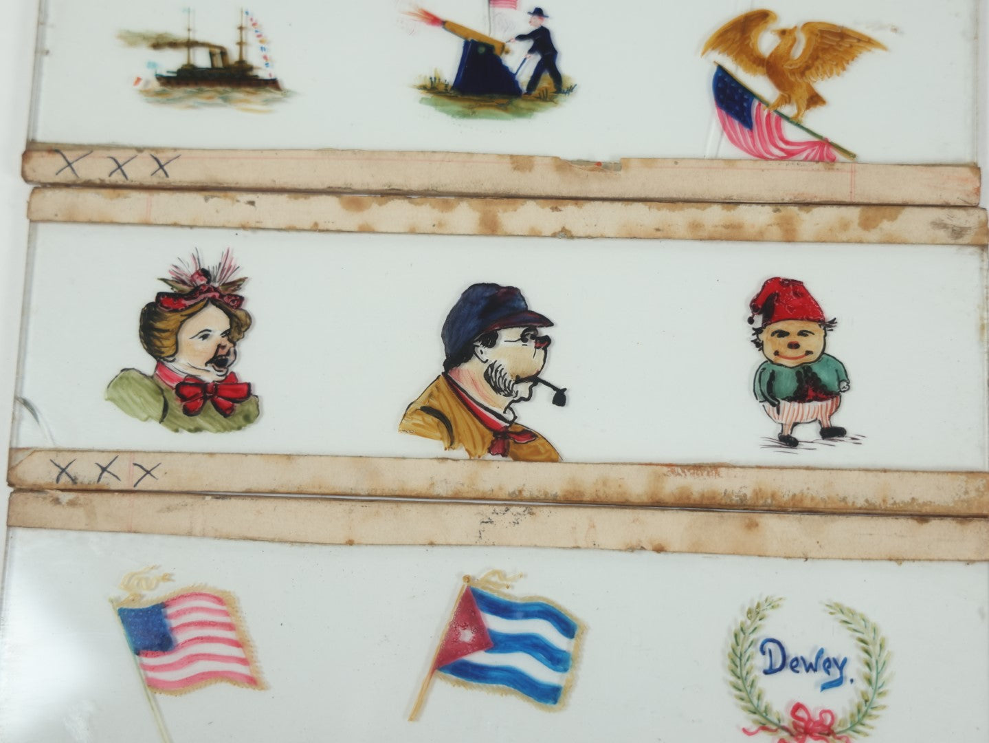 Lot 026 - Grouping Of Five Antique Hand Painted Magic Lantern Slides Including American Flag, Spanish American War Related, Admiral Dewey, Characters, And Silhouettes, Circa 1900