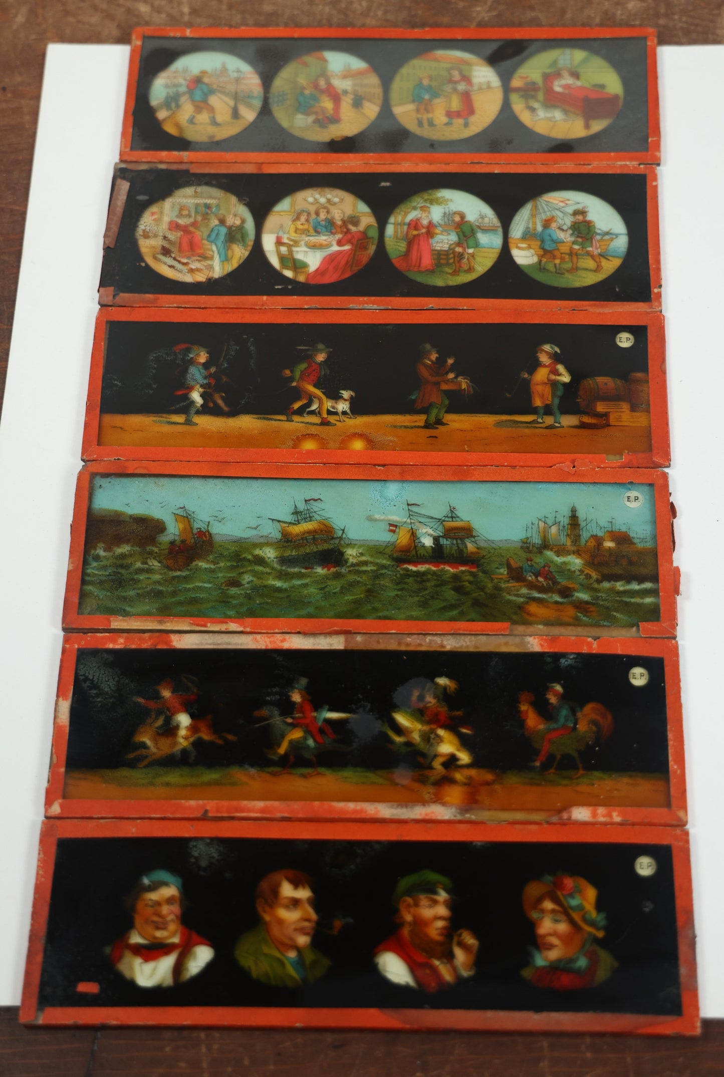 Lot 027 - Grouping Of Six Antique Hand Colored Magic Lantern Slides, Signed E.P., Showing Various Characters And Scenes, Note Various Wear