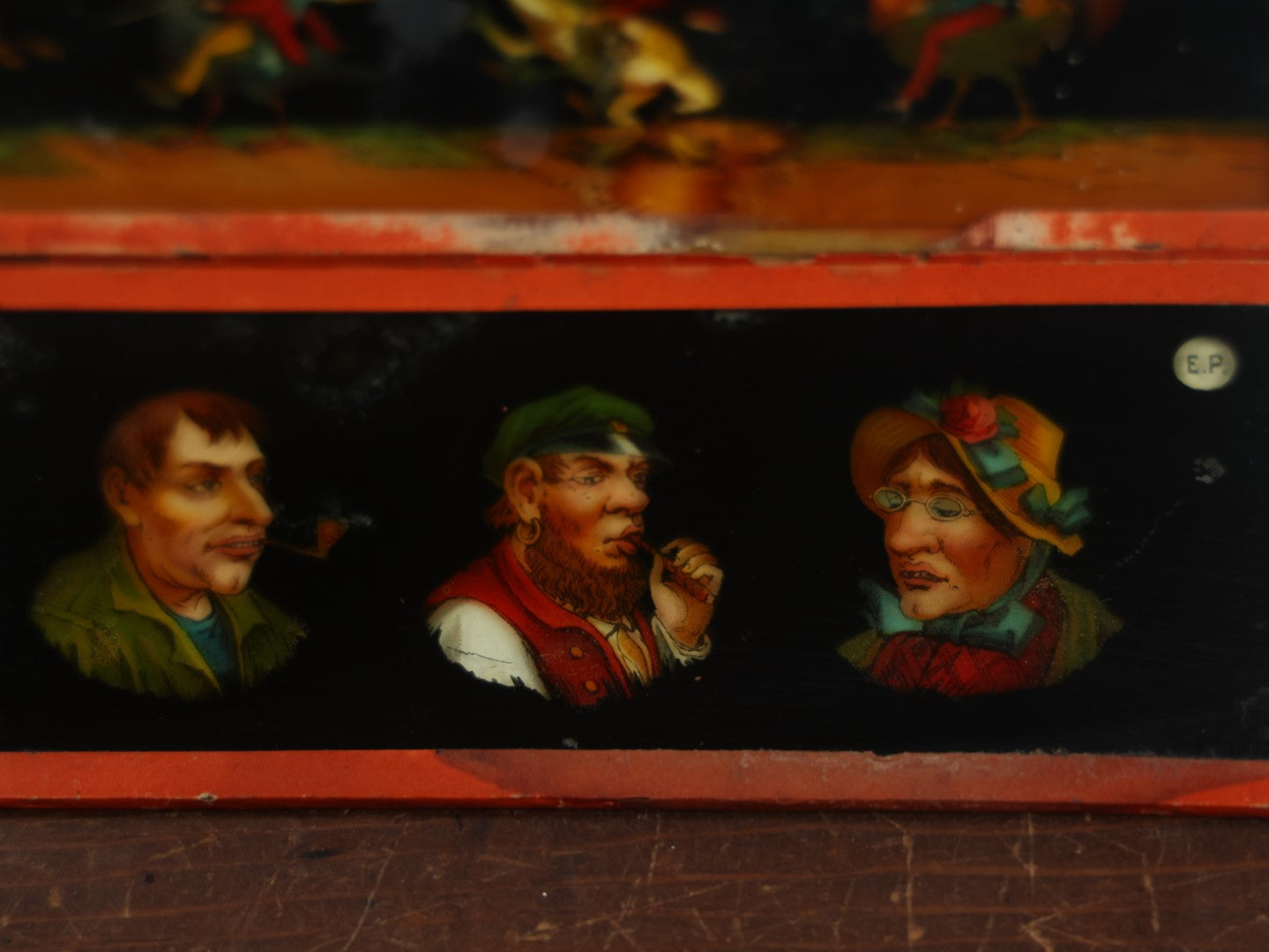 Lot 027 - Grouping Of Six Antique Hand Colored Magic Lantern Slides, Signed E.P., Showing Various Characters And Scenes, Note Various Wear