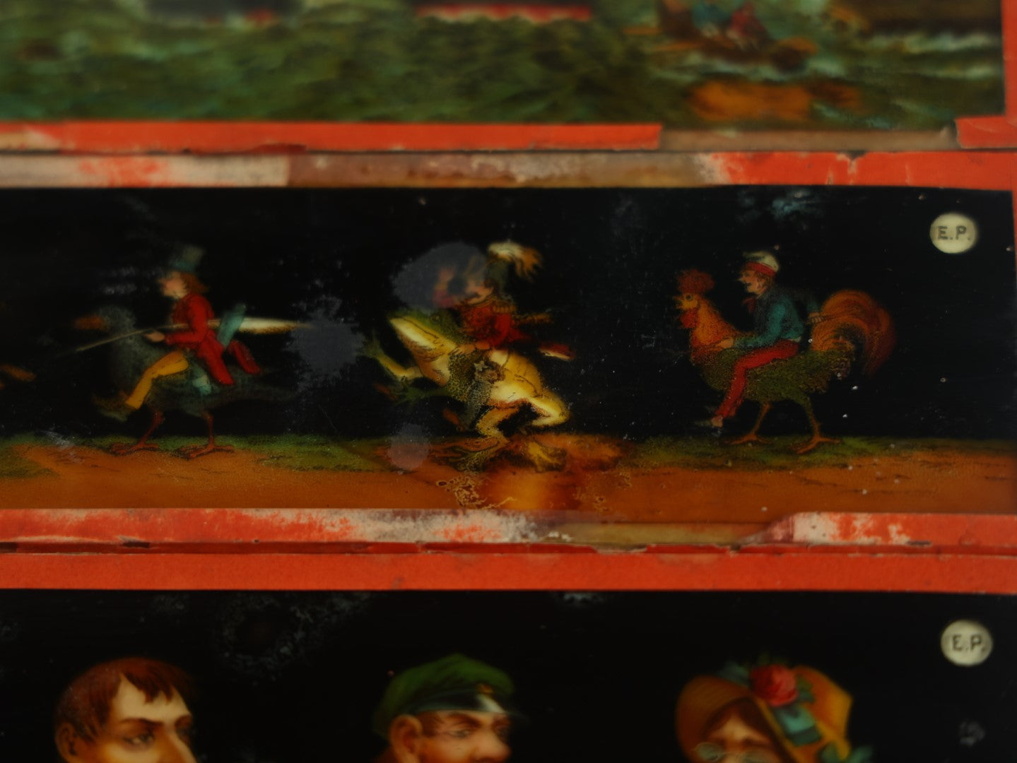 Lot 027 - Grouping Of Six Antique Hand Colored Magic Lantern Slides, Signed E.P., Showing Various Characters And Scenes, Note Various Wear