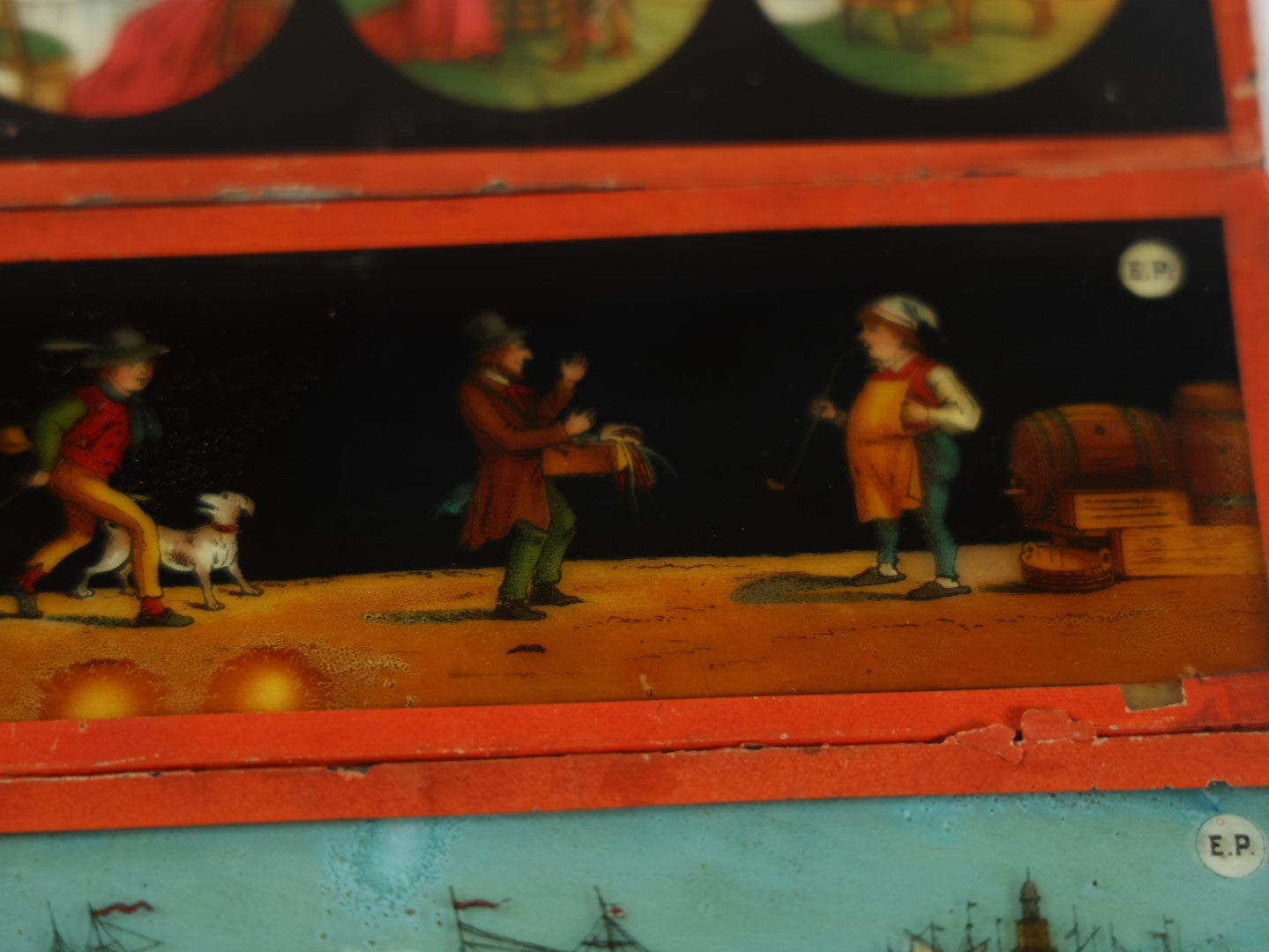 Lot 027 - Grouping Of Six Antique Hand Colored Magic Lantern Slides, Signed E.P., Showing Various Characters And Scenes, Note Various Wear