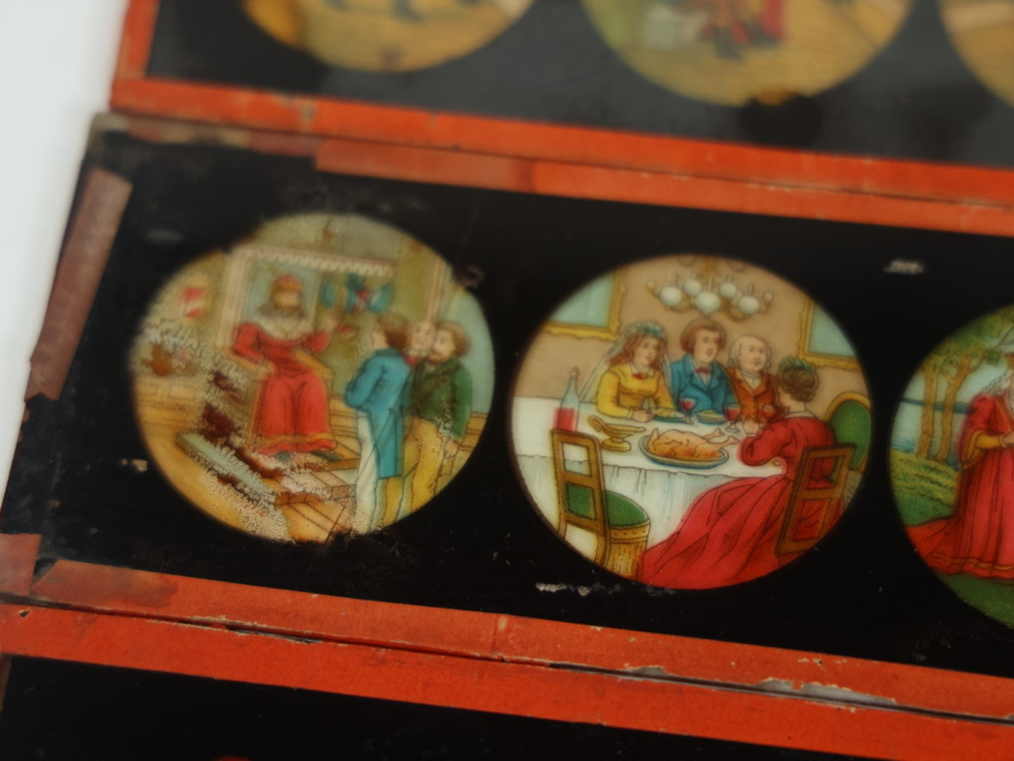 Lot 027 - Grouping Of Six Antique Hand Colored Magic Lantern Slides, Signed E.P., Showing Various Characters And Scenes, Note Various Wear