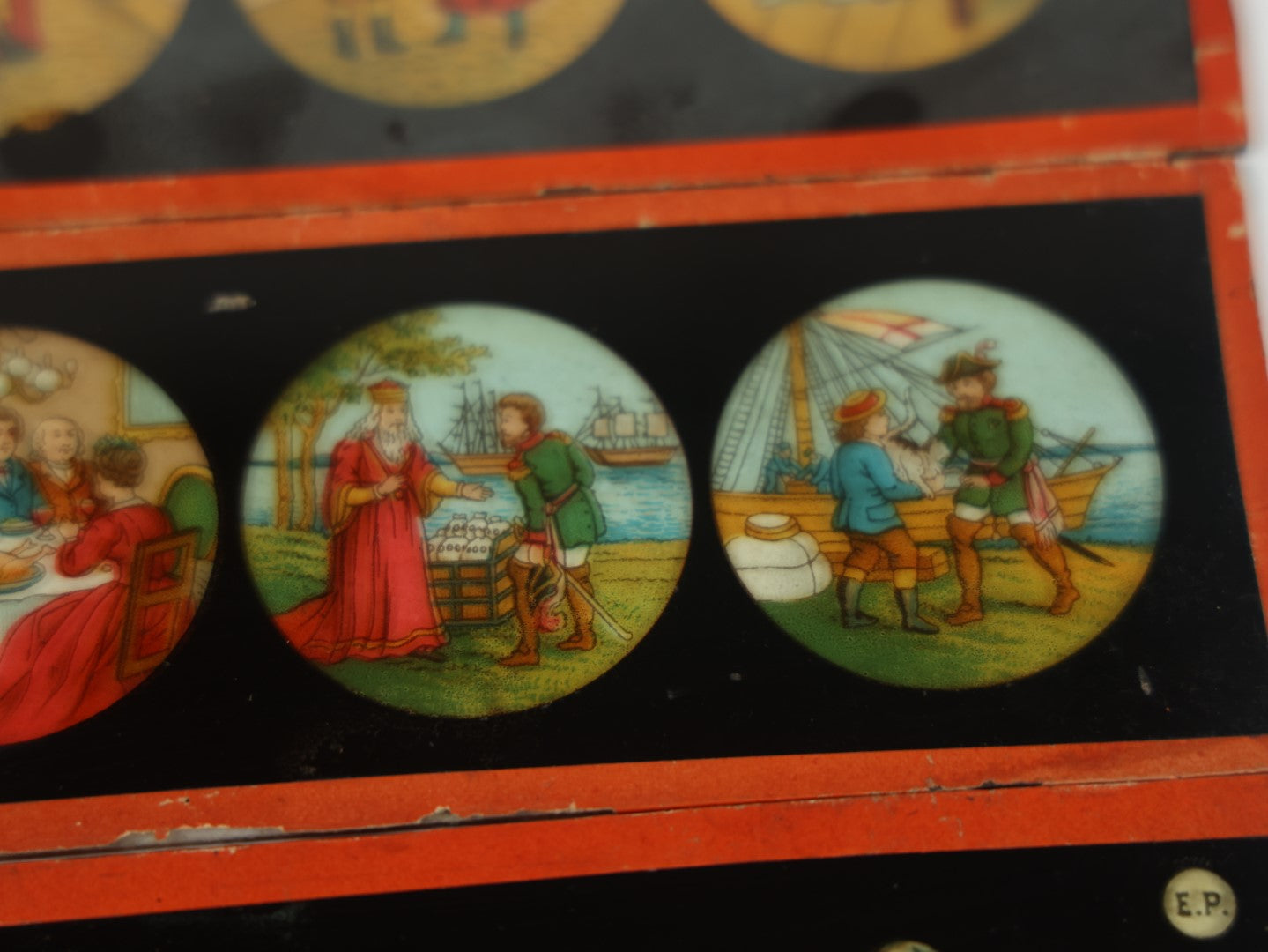 Lot 027 - Grouping Of Six Antique Hand Colored Magic Lantern Slides, Signed E.P., Showing Various Characters And Scenes, Note Various Wear