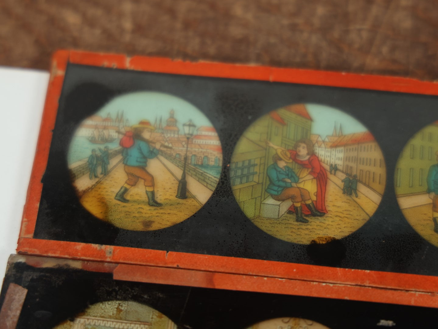 Lot 027 - Grouping Of Six Antique Hand Colored Magic Lantern Slides, Signed E.P., Showing Various Characters And Scenes, Note Various Wear