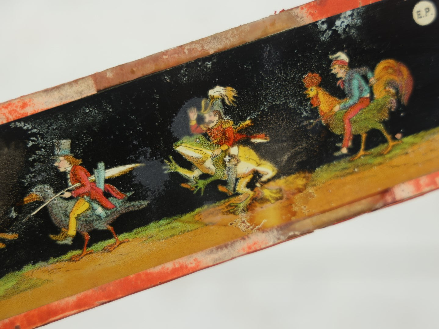 Lot 027 - Grouping Of Six Antique Hand Colored Magic Lantern Slides, Signed E.P., Showing Various Characters And Scenes, Note Various Wear