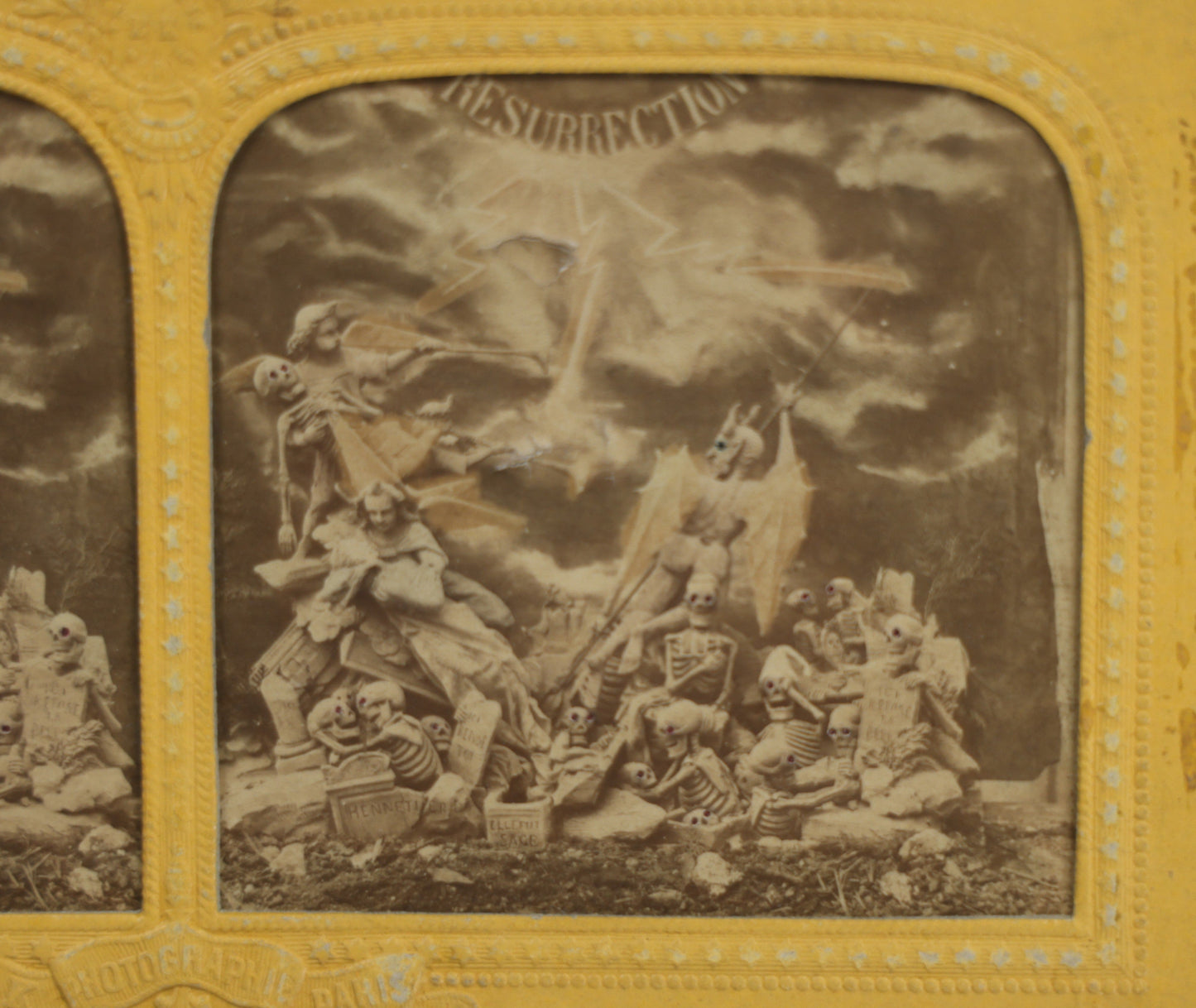 Lot 028 - Antique French Devil And Skeletons Stereograph Card, "Resurrection," By B.K. Photographer, Paris, Color Revealed When Held Up To Light, Note Wear 